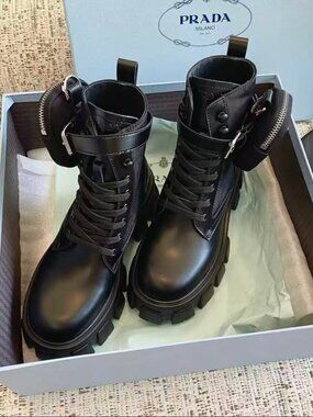 Prada Monolith Black Leather Combat Boots Detachable Logo Pouch Lug Sole